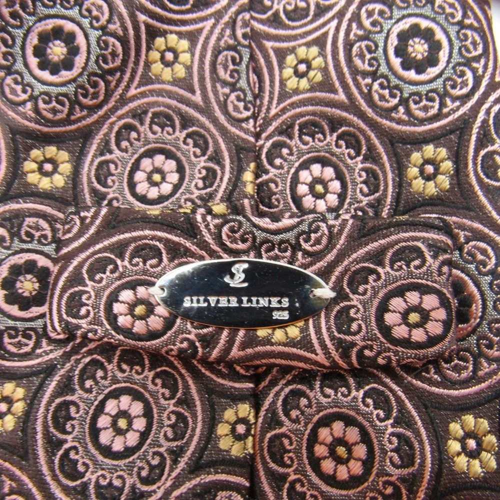 Silver Links 925 Tie Men's XL Pink Silk Medallion Floral Hand Made